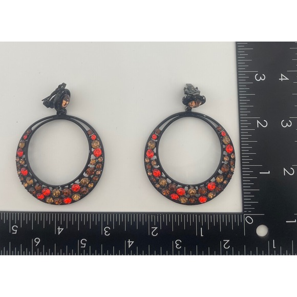 Vintage Rhinestone Hoop Clip Earrings Japanned Statement Jewelry Red Amber Black - Picture 2 of 5